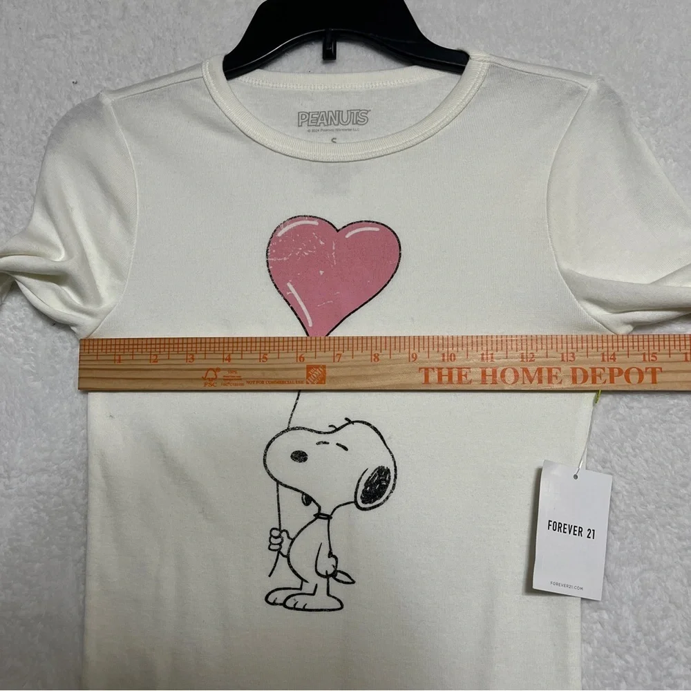 Peanuts Forever 21 Juniors White Ribbed Long Sleeve Snoopy Tee Small NWT - Picture 5 of 6